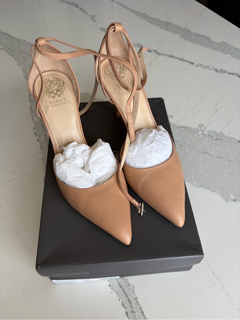 Vince Camuto Tan Pointed-Toe Ankle-Tie Pumps